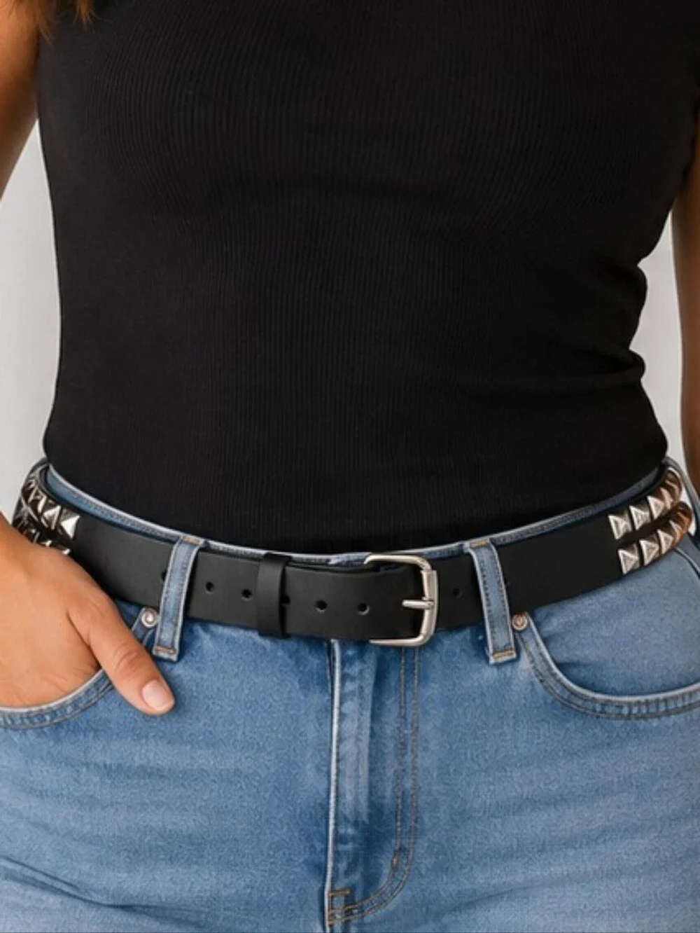 👚 Black Faux Leather Silver Pyramid Stud Belt Punk Rock Goth Unisex Adjustable